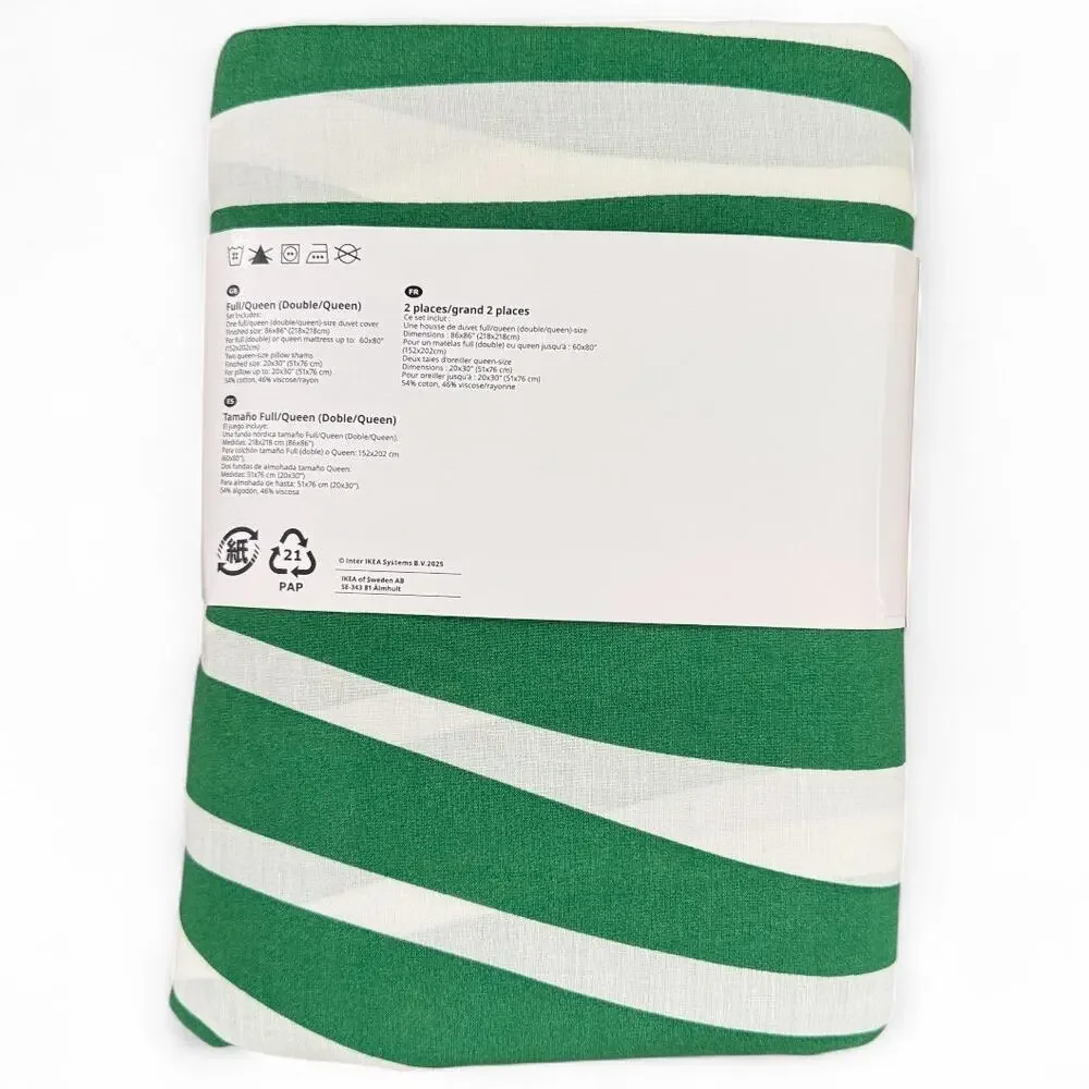 IKEA PORTLAKMALLA Full Queen Green & White Duvet Cover & Pillowcases